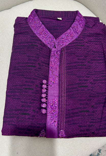 Royal Purple Embroidered Cotton Panjabi | Auxerra Fashion| Auxerra Fashion