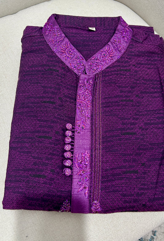 Royal Purple Embroidered Cotton Panjabi | Auxerra Fashion| Auxerra Fashion