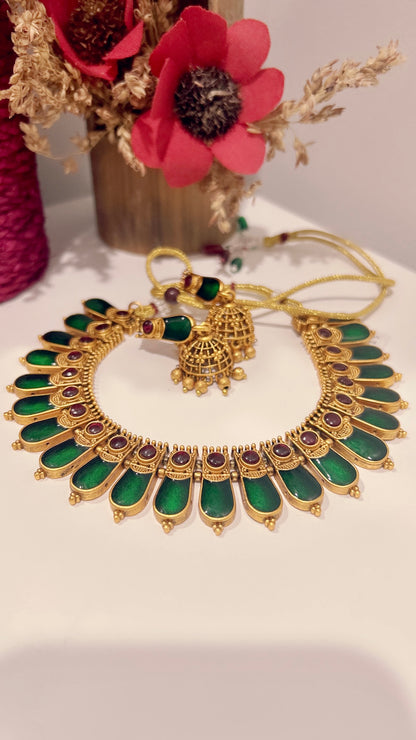 Royal Green Enamel Gold-Tone Choker Necklace Set with Jhumka Earrings