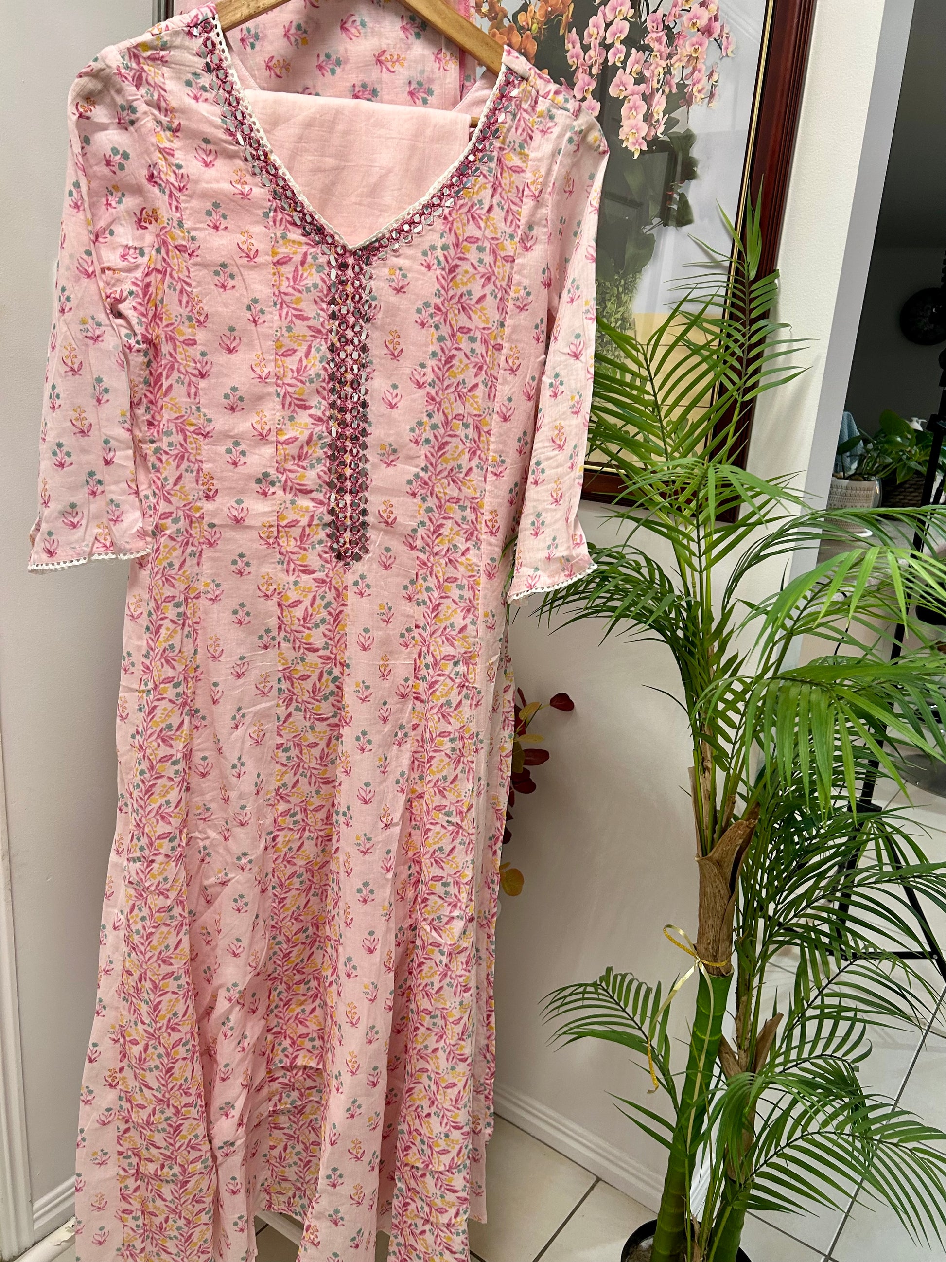 Floral Pink Cotton Dress with Matching Pants and Dupatta@Auxerra