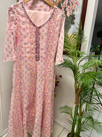 Floral Pink Cotton Dress with Matching Pants and Dupatta@Auxerra