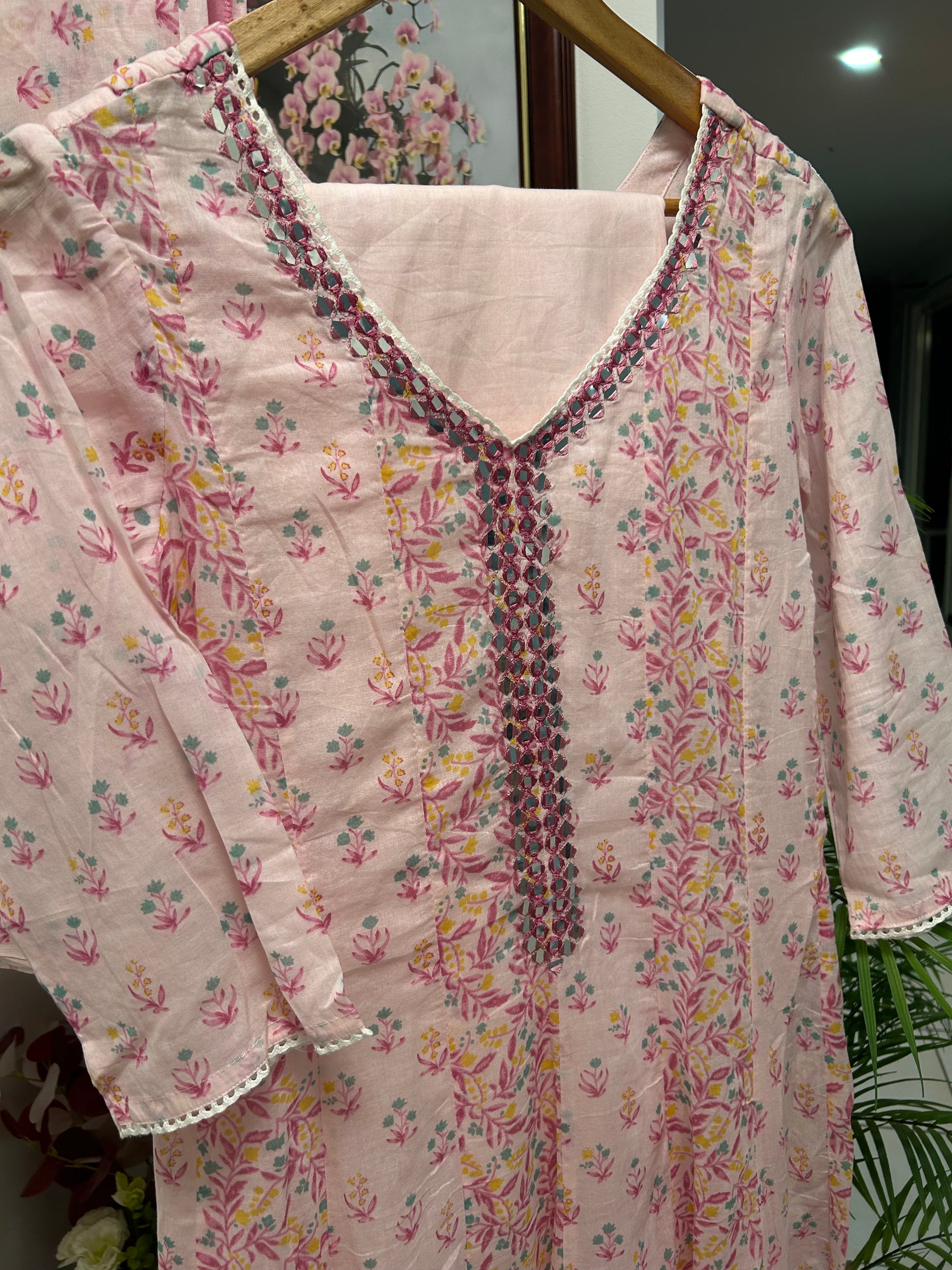 Floral Pink Cotton Dress with Matching Pants and Dupatta@Auxerra