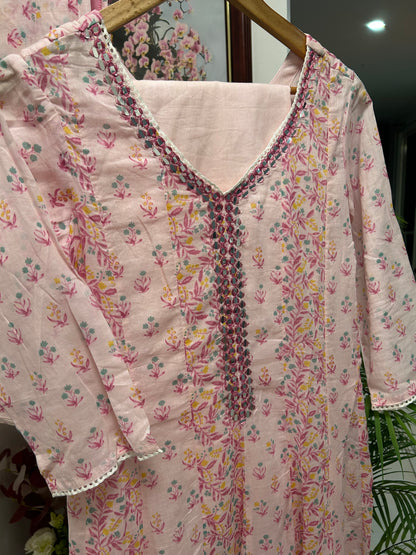 Floral Pink Cotton Dress with Matching Pants and Dupatta@Auxerra