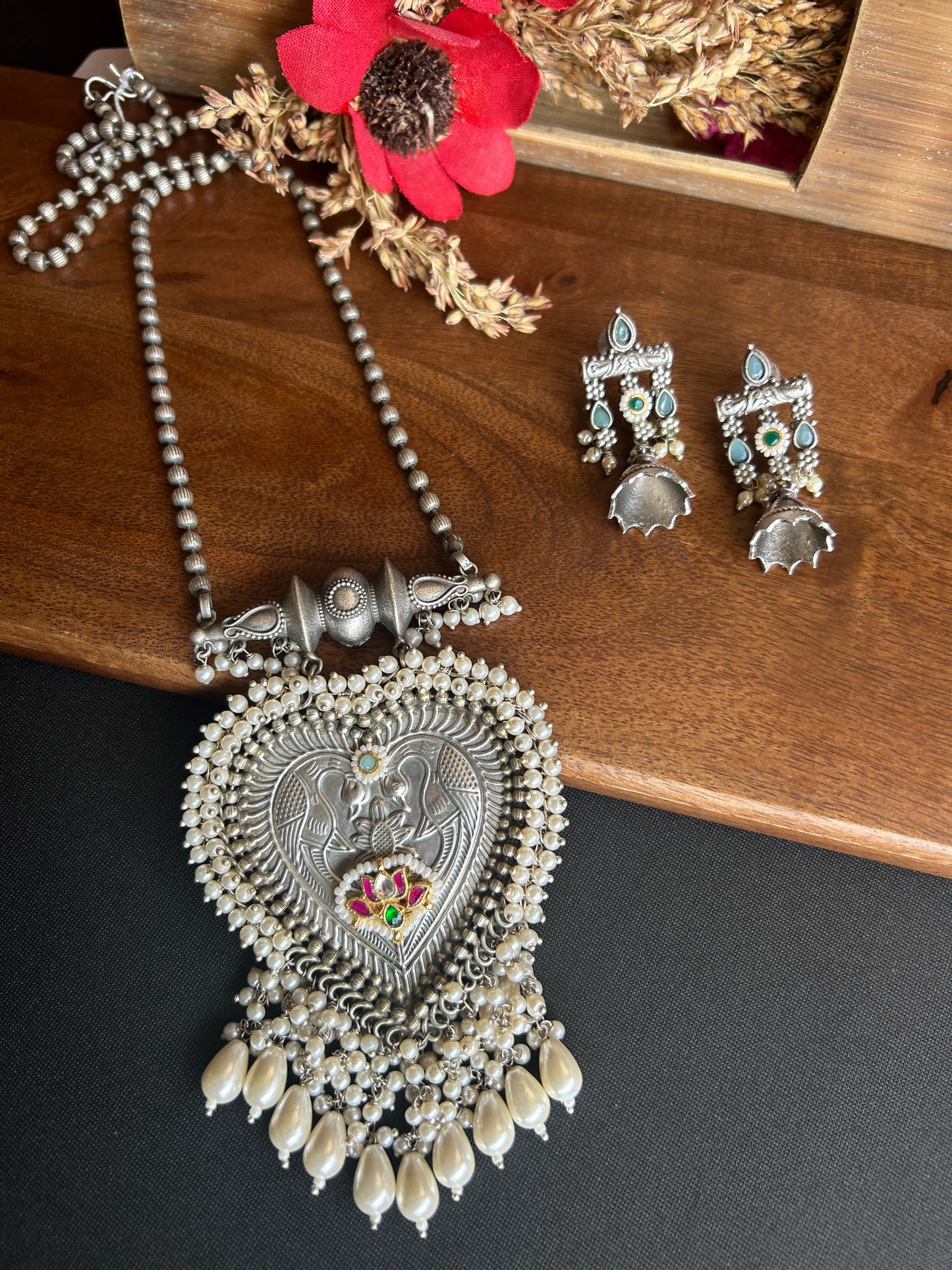 Royal Peacock Heart Pendant Necklace Set