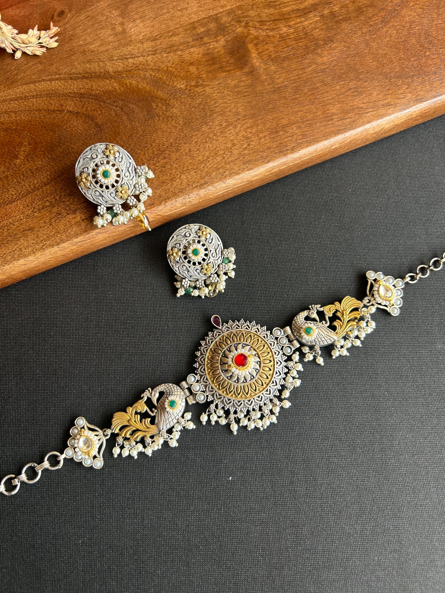 Antique Dual-Tone Peacock Choker Necklace & Earrings Set@Auxerra