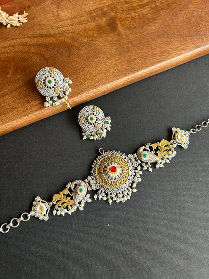 Antique Dual-Tone Peacock Choker Necklace & Earrings Set@Auxerra