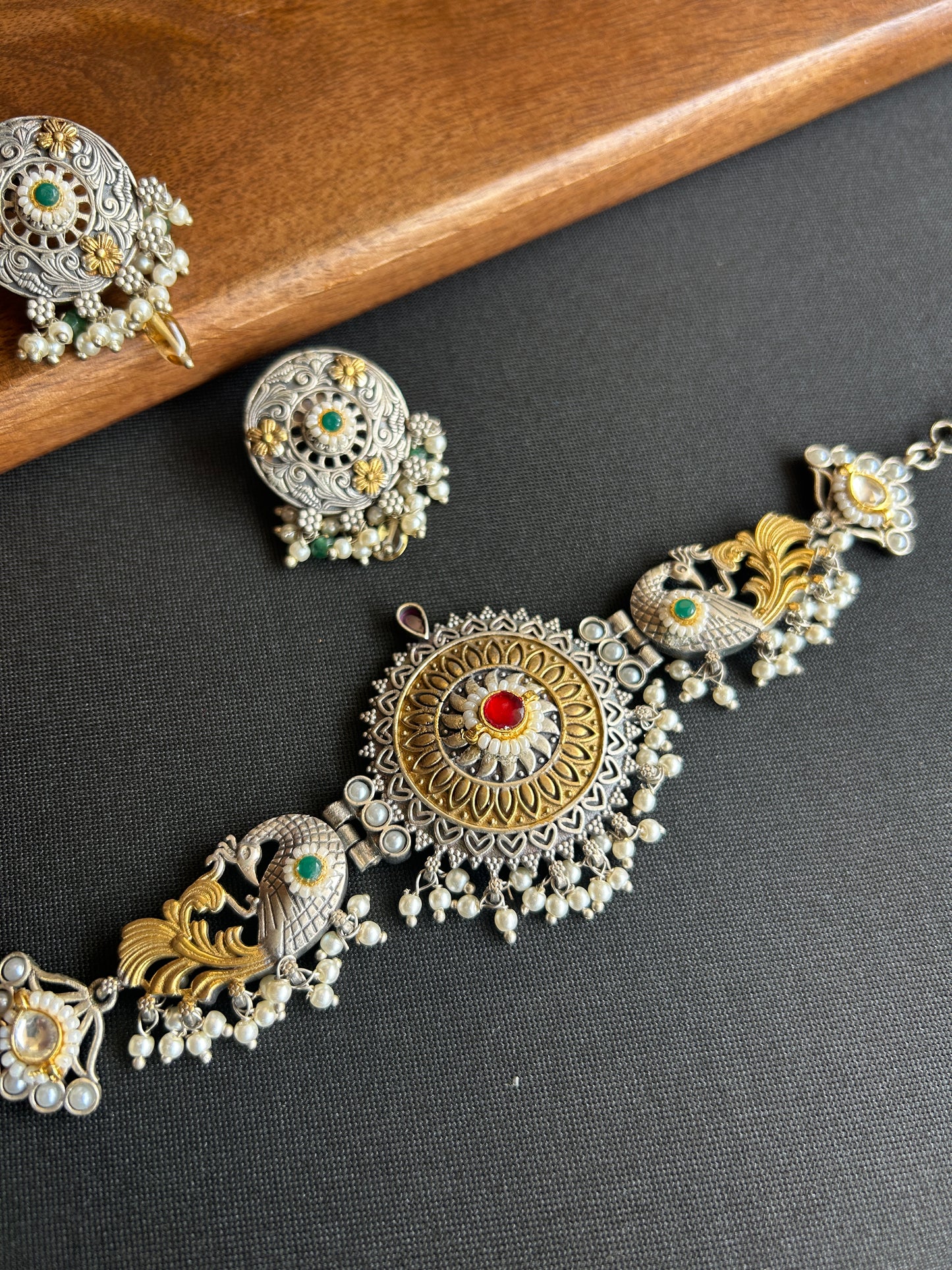 Antique Dual-Tone Peacock Choker Necklace & Earrings Set@Auxerra