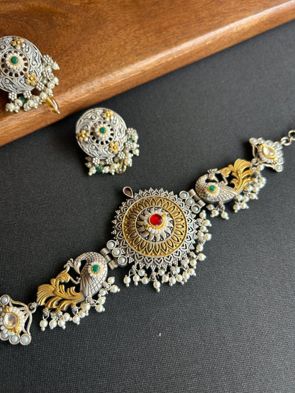 Antique Dual-Tone Peacock Choker Necklace & Earrings Set@Auxerra