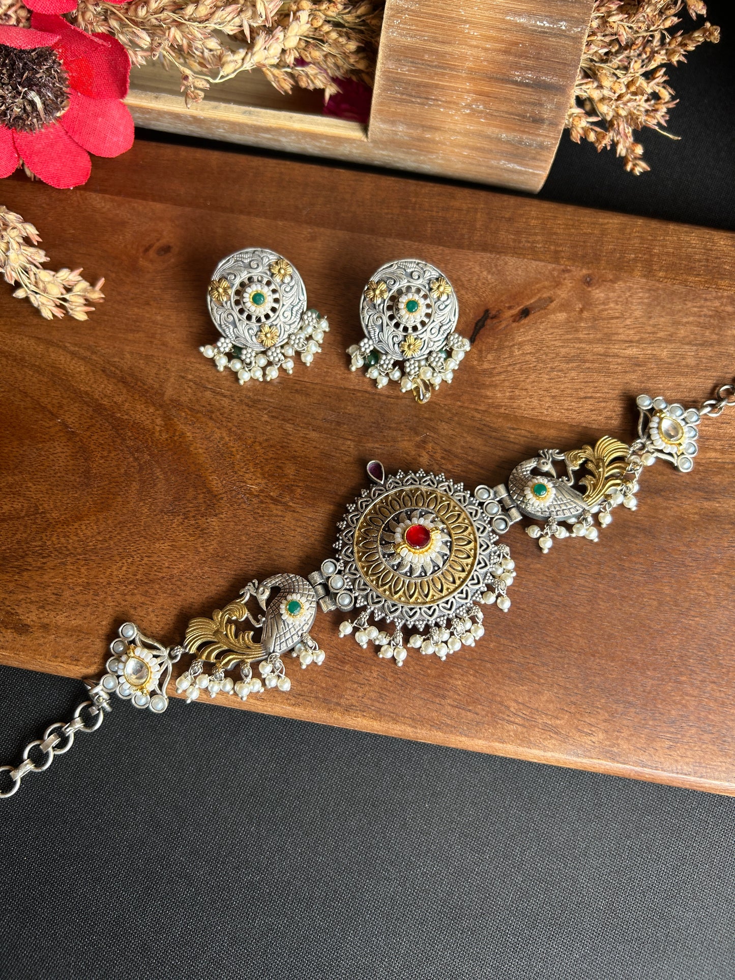 Antique Dual-Tone Peacock Choker Necklace & Earrings Set@Auxerra