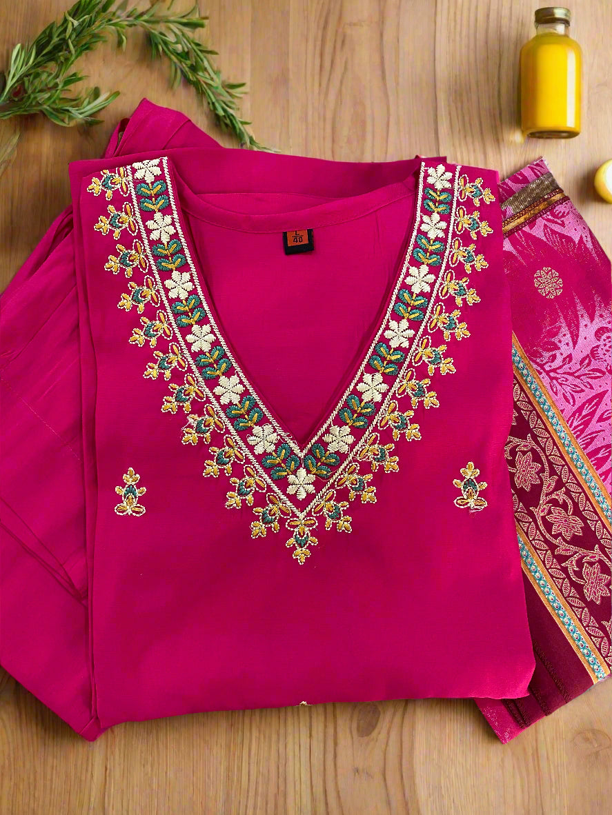 Magenta Embroidered Silk Suit Set