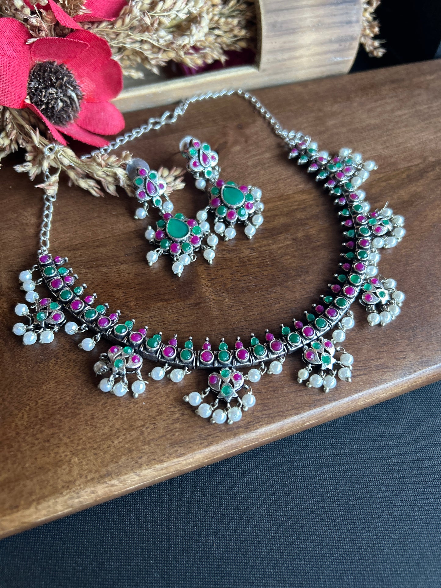 Oxidized Silver Choker Necklace Set with Green & Pink Stones