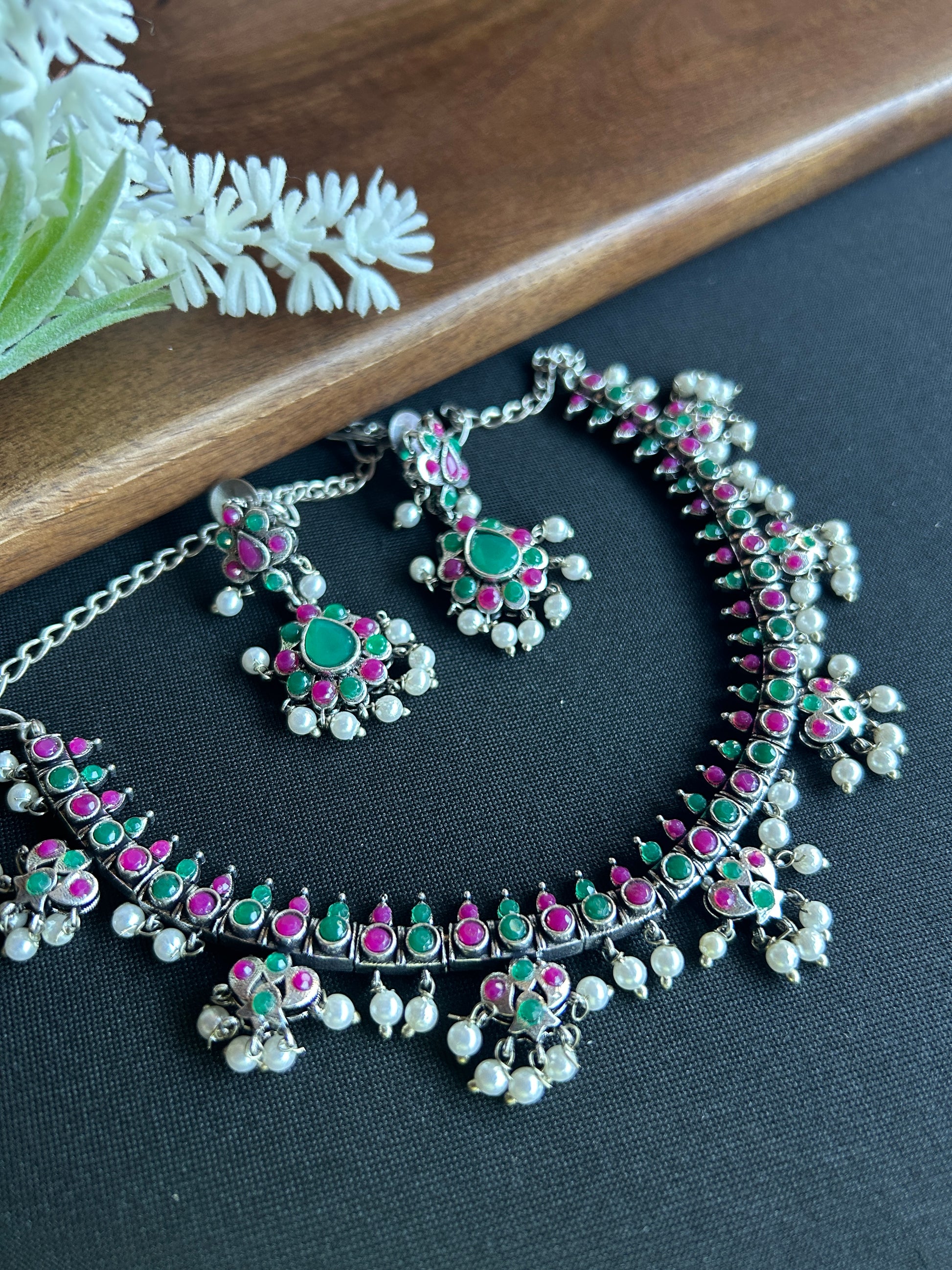 Oxidized Silver Choker Necklace Set with Green & Pink Stones