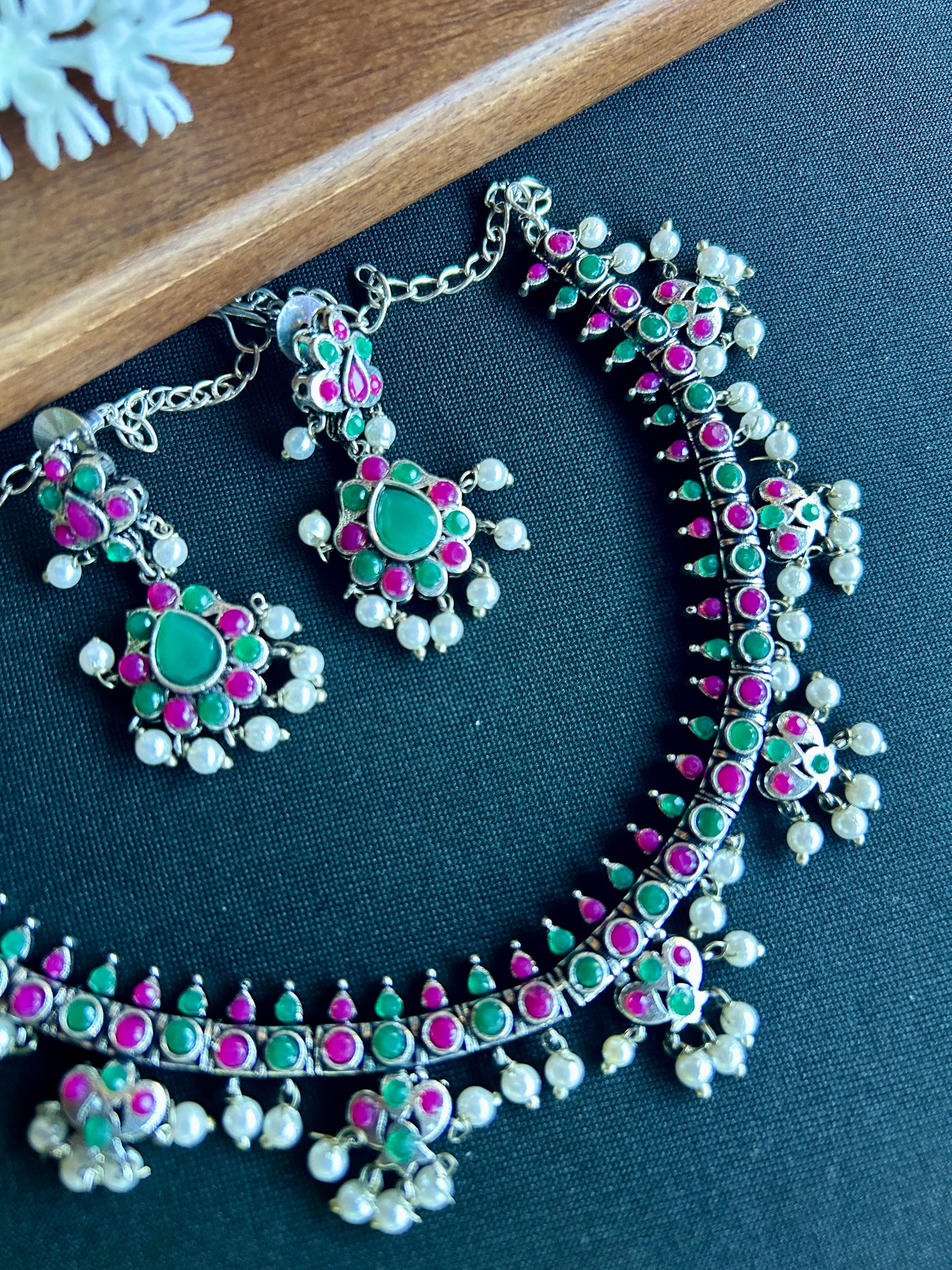 Oxidized Silver Choker Necklace Set with Green & Pink Stones