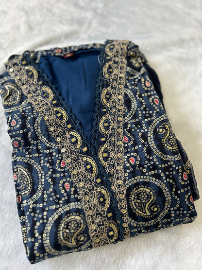 Navy Blue Bandhani Mirror Work Salwar Kameez with Dupatta@Auxerra