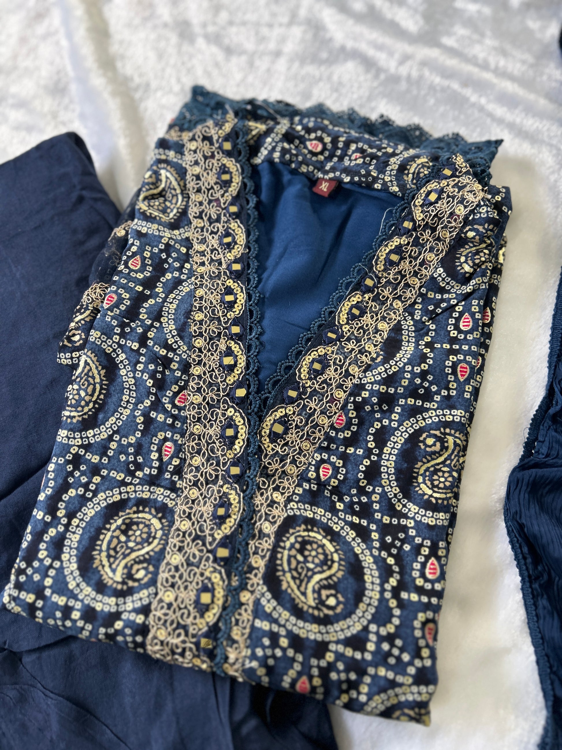Navy Blue Bandhani Mirror Work Salwar Kameez with Dupatta@Auxerra
