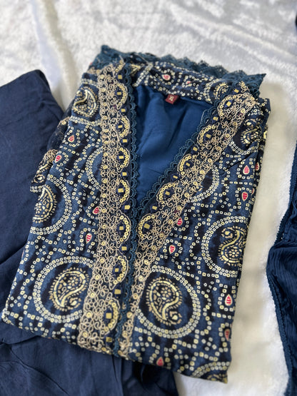 Navy Blue Bandhani Mirror Work Salwar Kameez with Dupatta@Auxerra