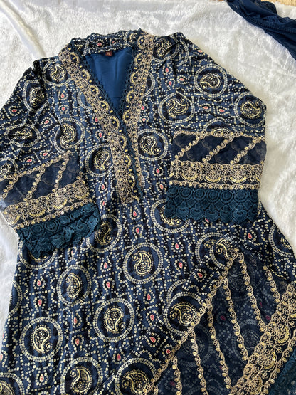 Navy Blue Bandhani Mirror Work Salwar Kameez with Dupatta@Auxerra