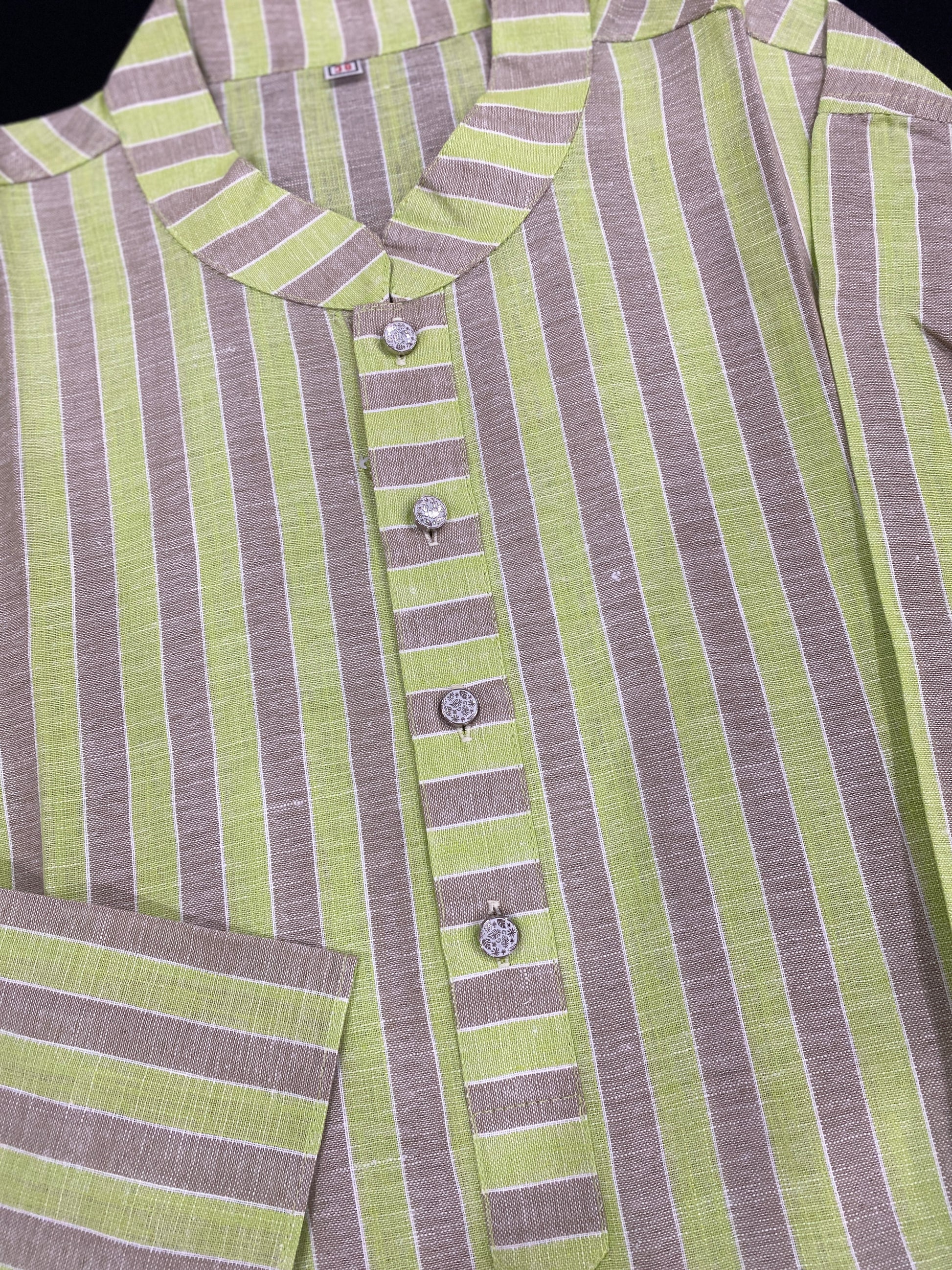 Elegant Striped Cotton Panjabi – Lime Green & Earthy Brown