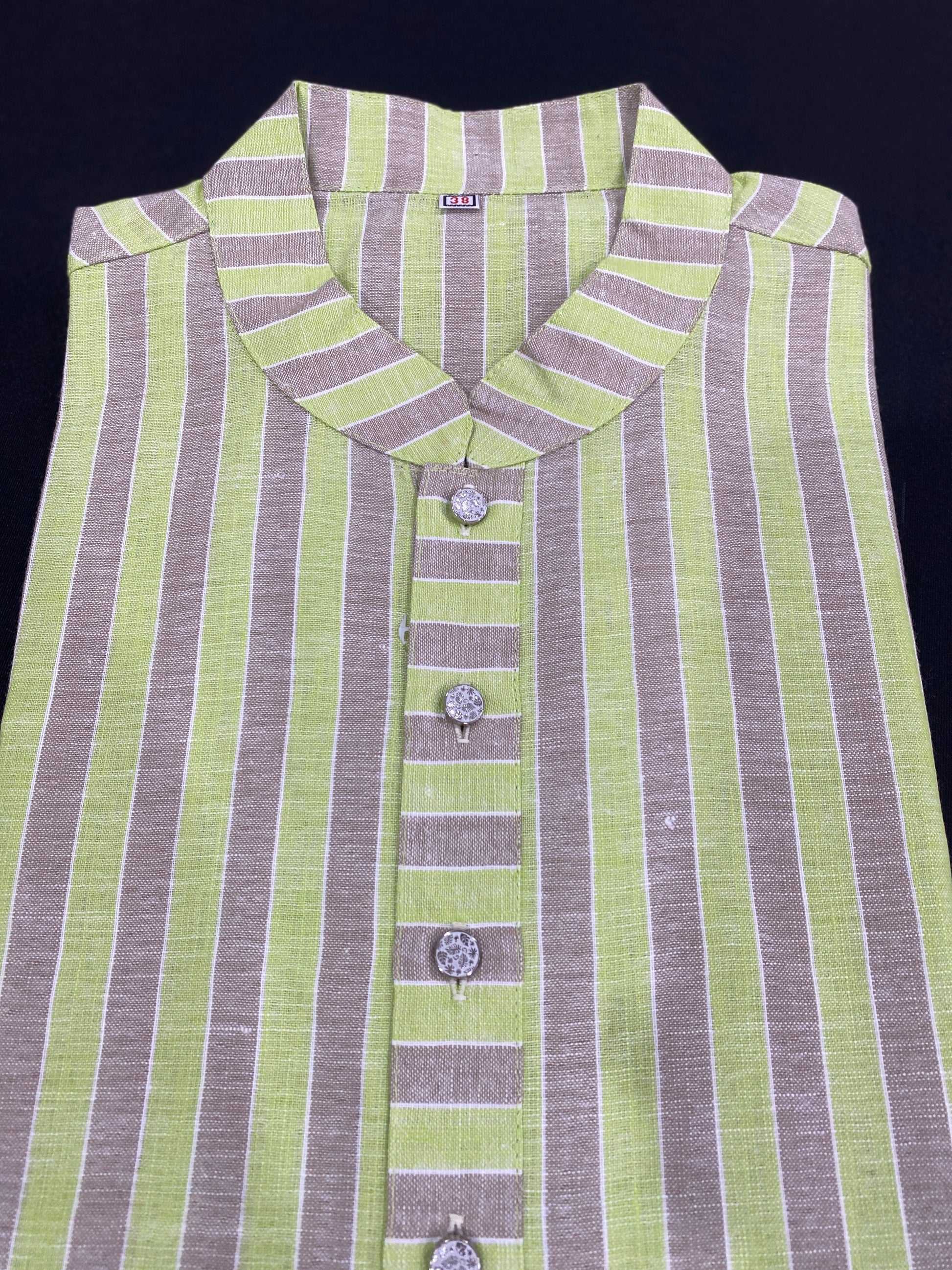 Elegant Striped Cotton Panjabi – Lime Green & Earthy Brown