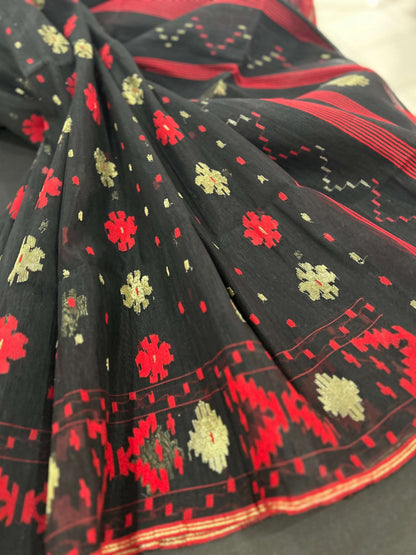 Elegant Black & Red Dhakai Jamdani Saree@Auxerra