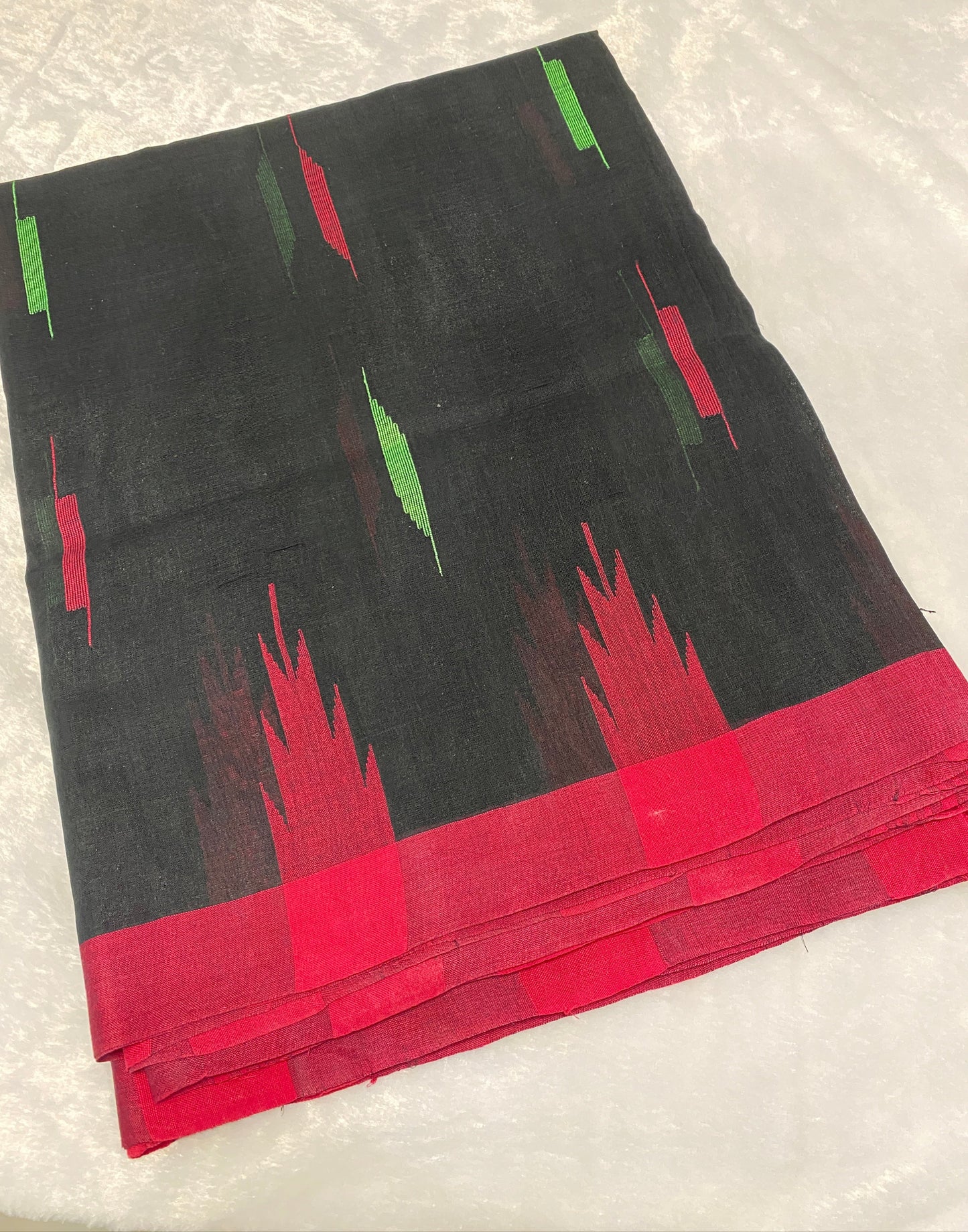 Black Manipuri Handloom Saree with Red and Green Accents