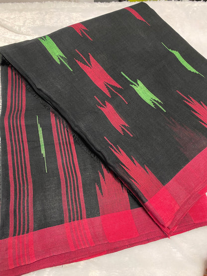 Black Manipuri Handloom Saree with Red and Green Accents