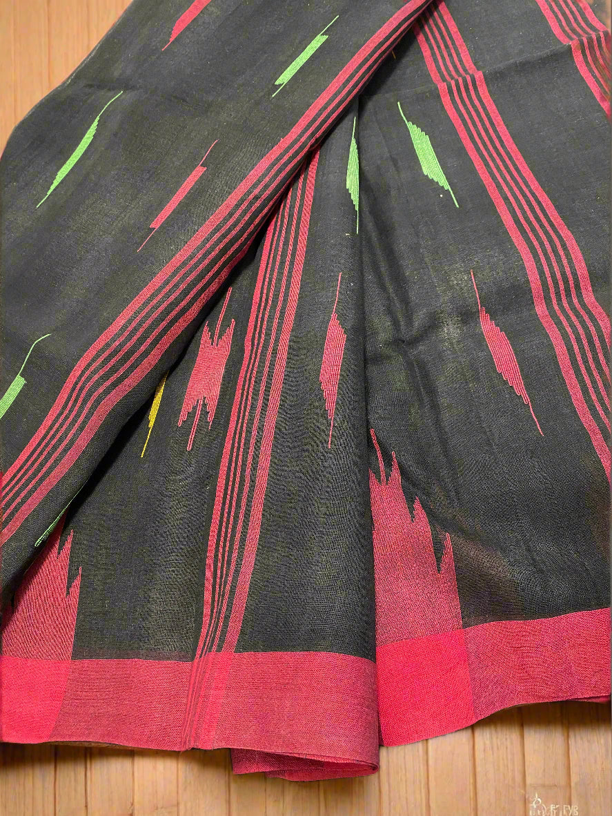 Black Manipuri Handloom Saree with Red and Green Accents