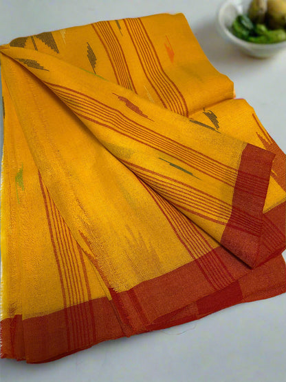 Golden Yellow Manipuri Handloom Saree with Deep Red Border