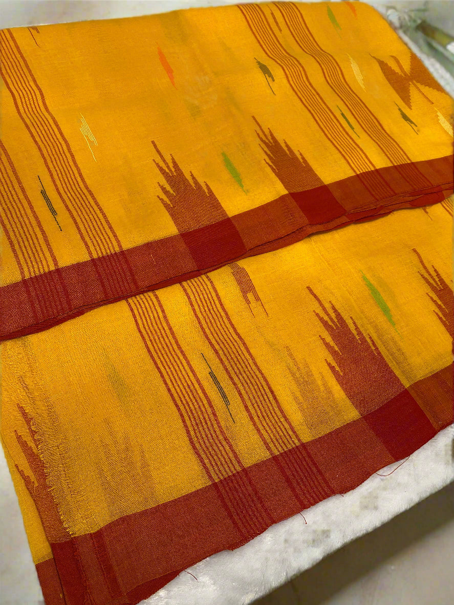 Golden Yellow Manipuri Handloom Saree with Deep Red Border