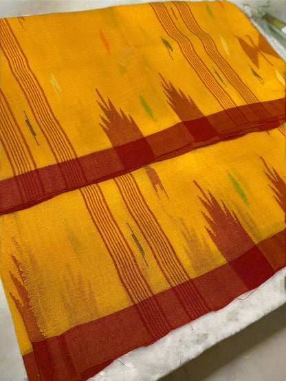 Golden Yellow Manipuri Handloom Saree with Deep Red Border