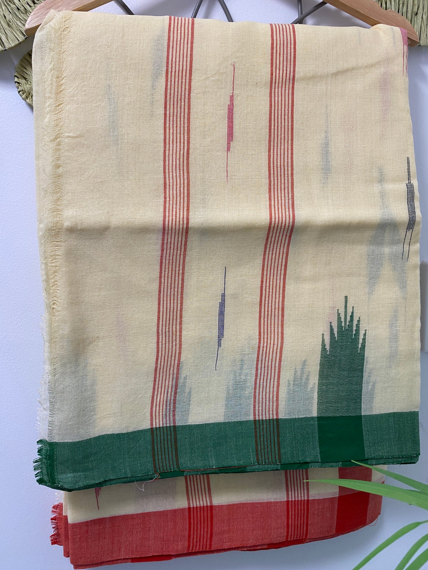 Ivory Manipuri Handloom Saree with Red and Green Borders