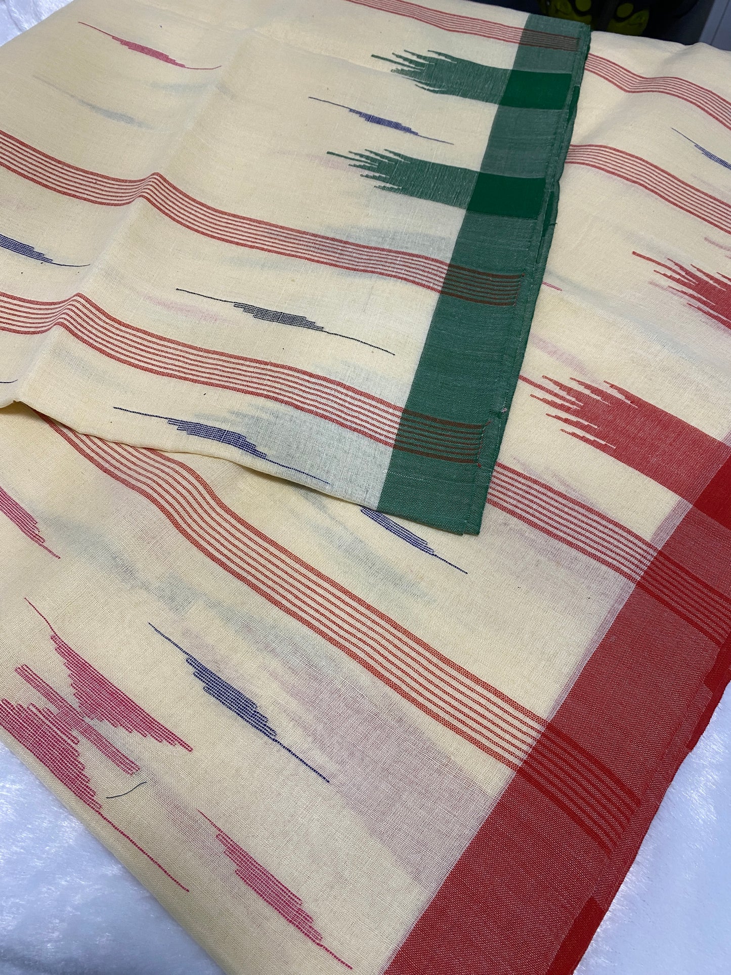 Ivory Manipuri Handloom Saree with Red and Green Borders