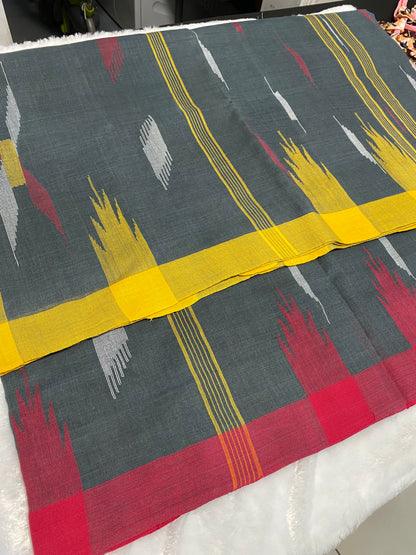 Charcoal Grey Manipuri Handloom Saree with Red and Yellow Accents