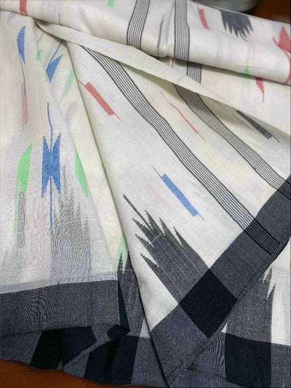 White Manipuri Handloom Saree with Black and Multicolor Accents