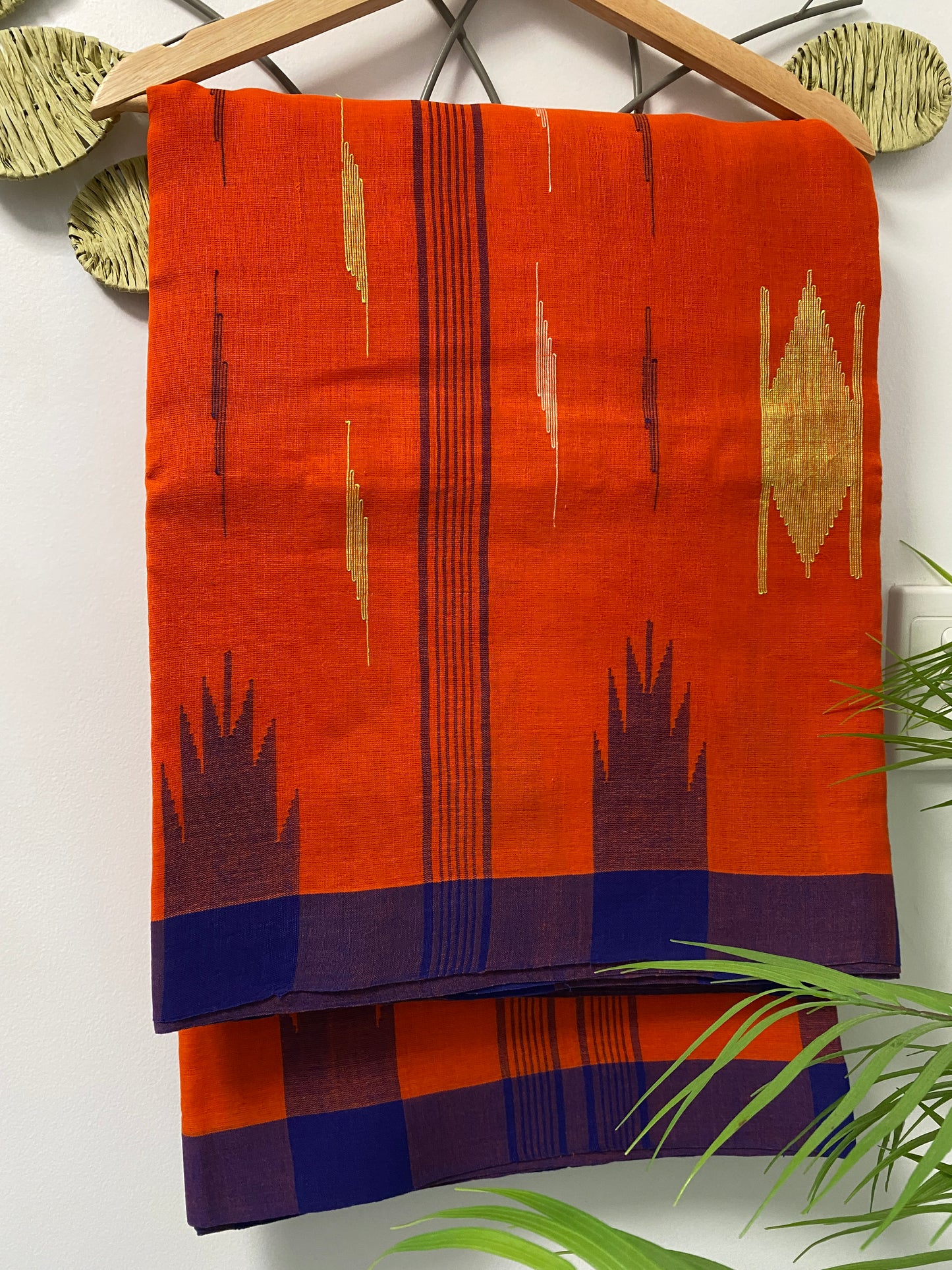 Fiery Orange Manipuri Handloom Saree with Deep Blue Border