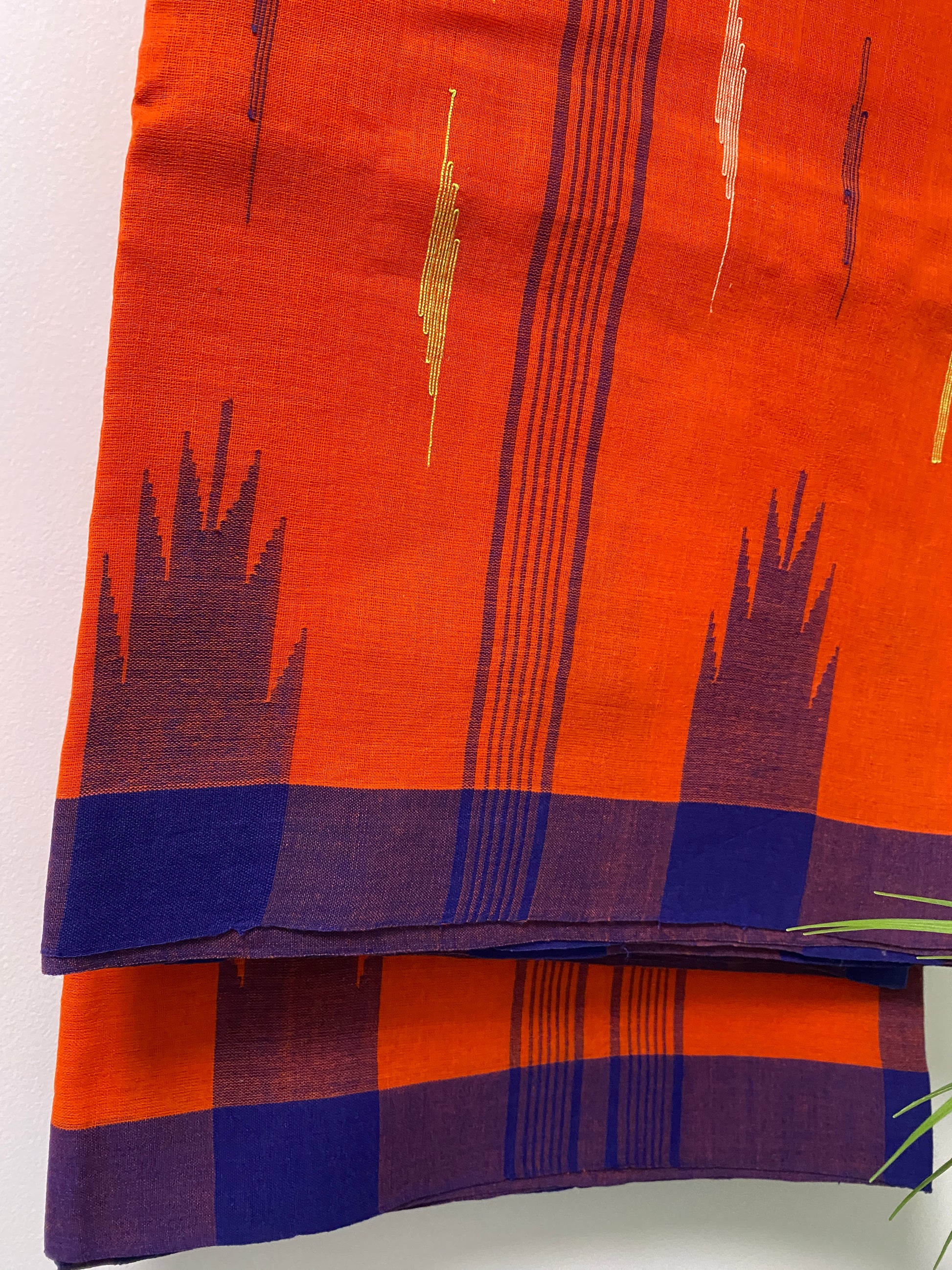 Fiery Orange Manipuri Handloom Saree with Deep Blue Border