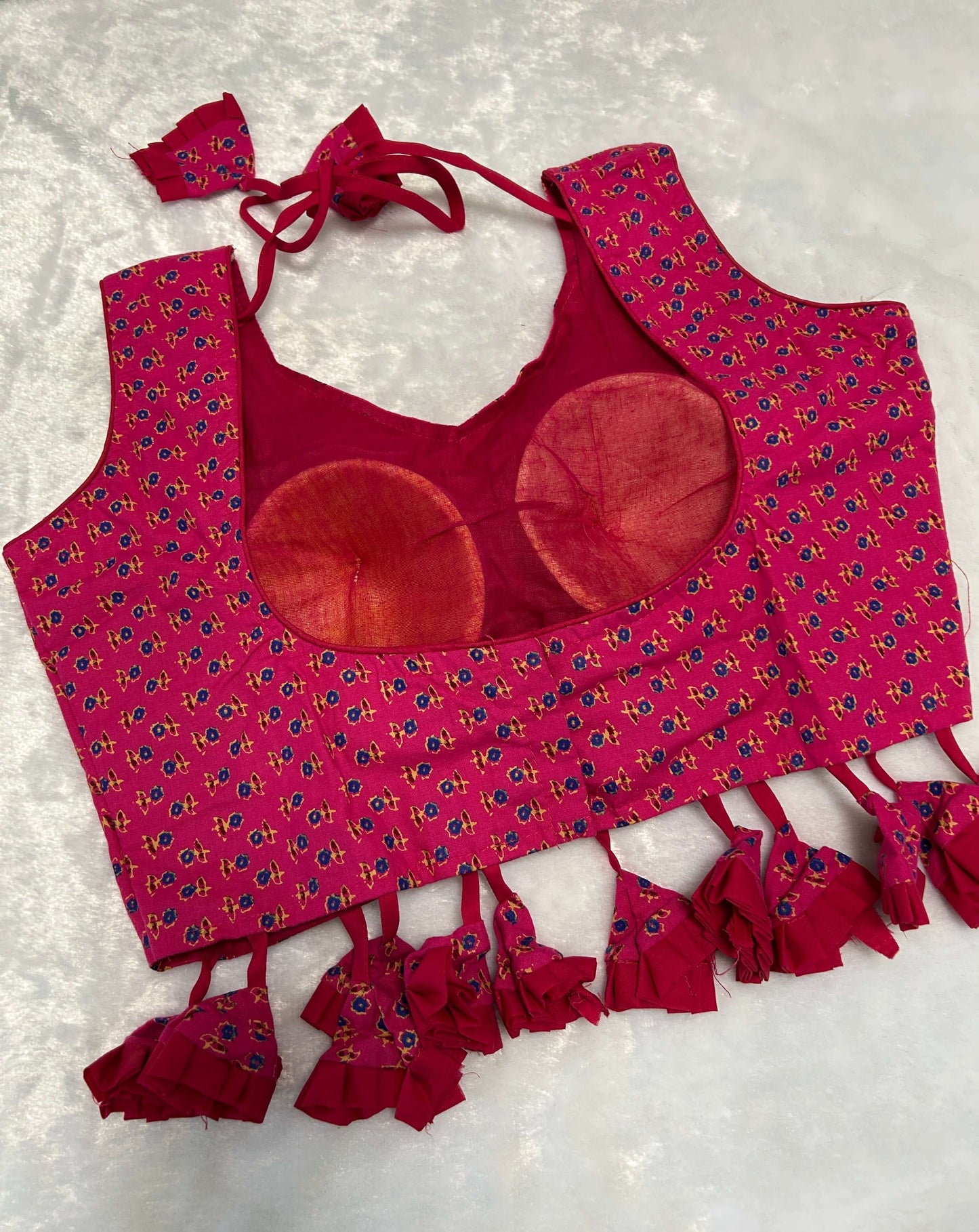 Pink Handblock Cotton Printed Tassel Blouse