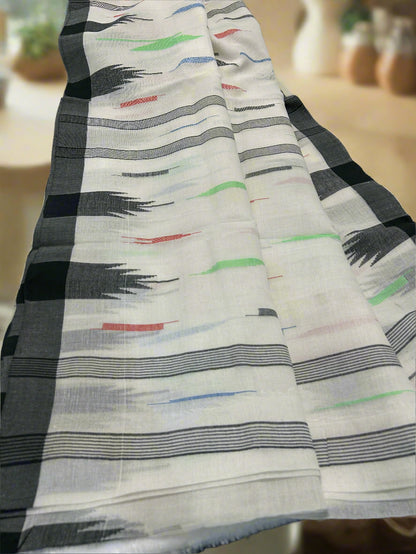 White Manipuri Handloom Saree with Black and Multicolor Accents