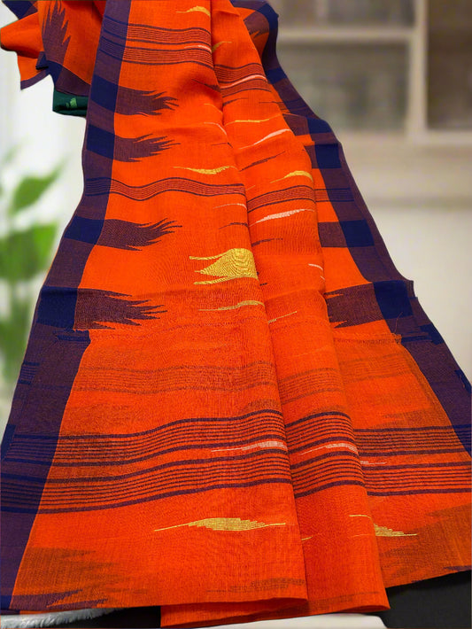 Fiery Orange Manipuri Handloom Saree with Deep Blue Border