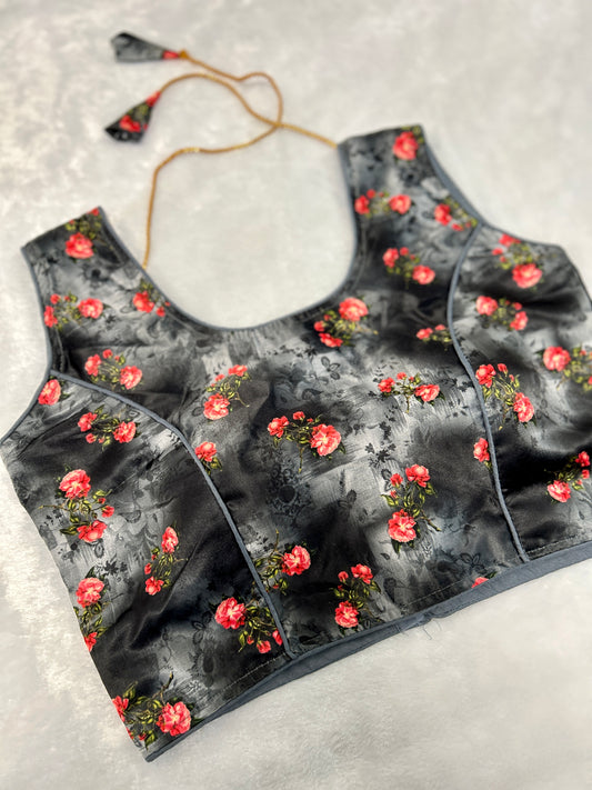 Black Floral Satin Padded Blouse