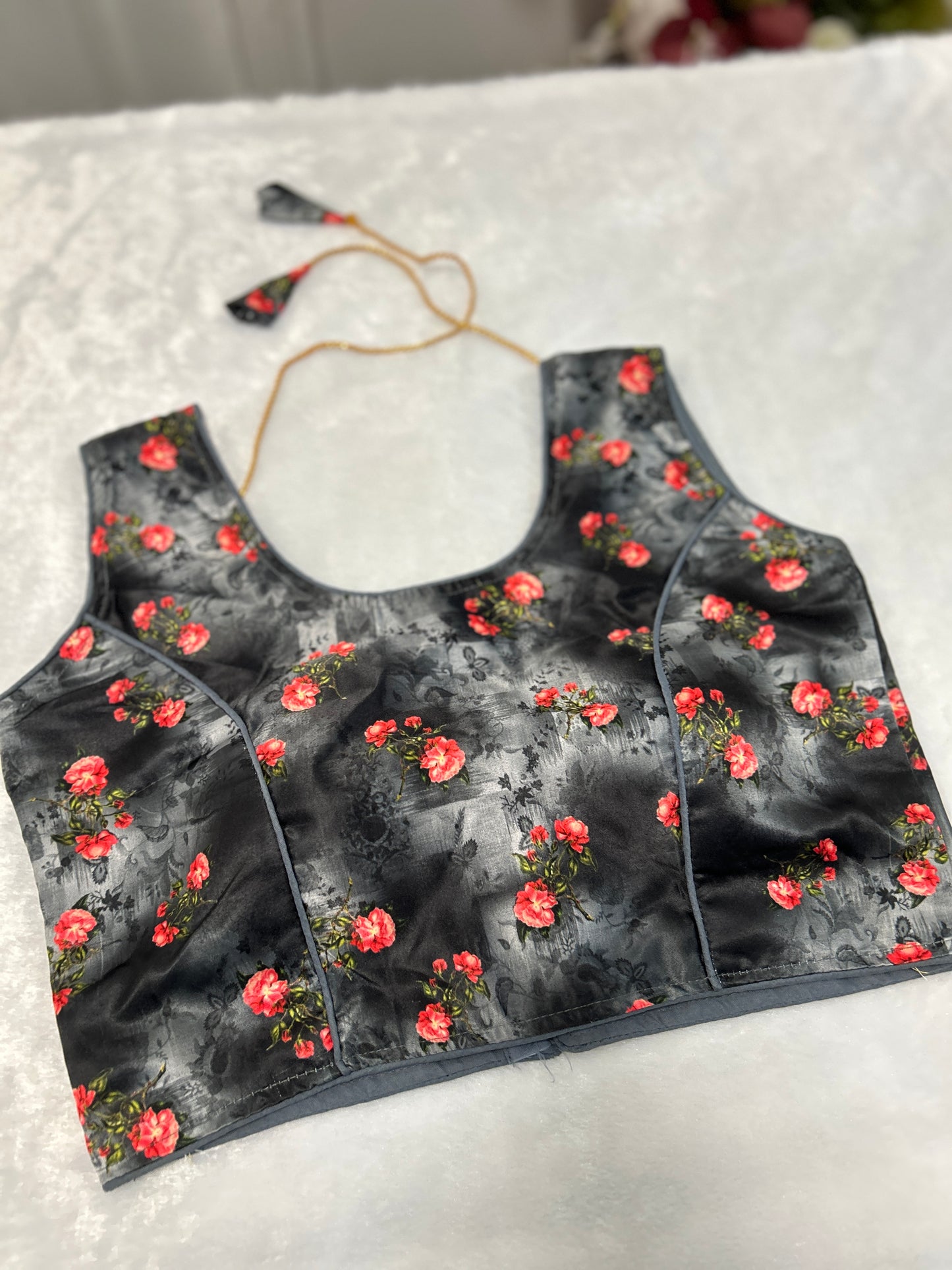 Black Floral Satin Padded Blouse