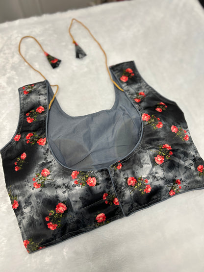 Black Floral Satin Padded Blouse