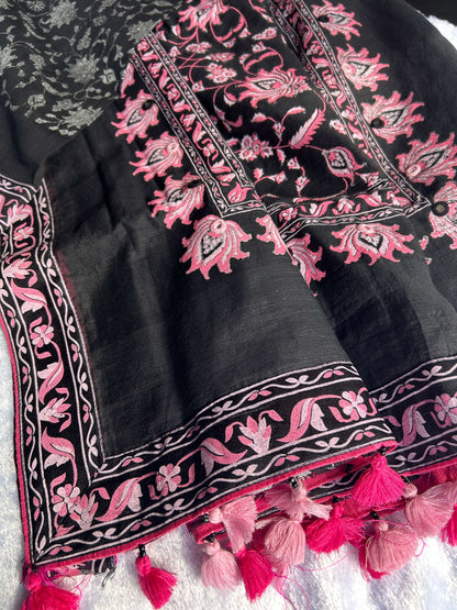 Black & Pink Cotton Block Printed Saree@Auxerra