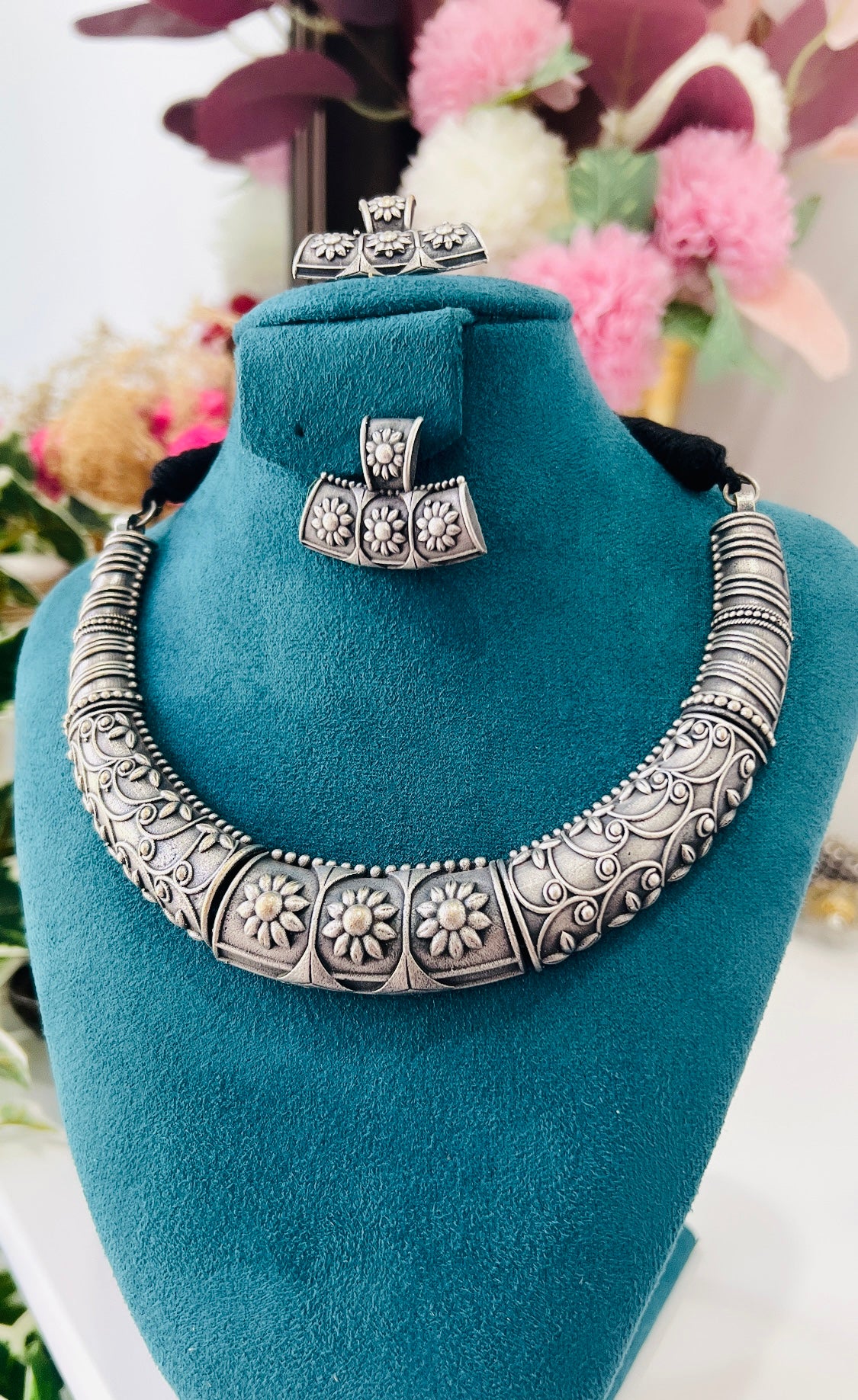 German Silver Antique Floral Necklace Set