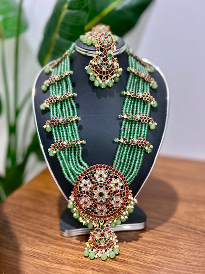 Grand Emerald Beaded Kundan Necklace with Ruby Accents | Auxerra