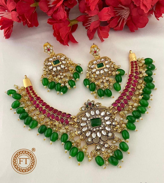 Regal Green and Ruby Kundan Necklace Set