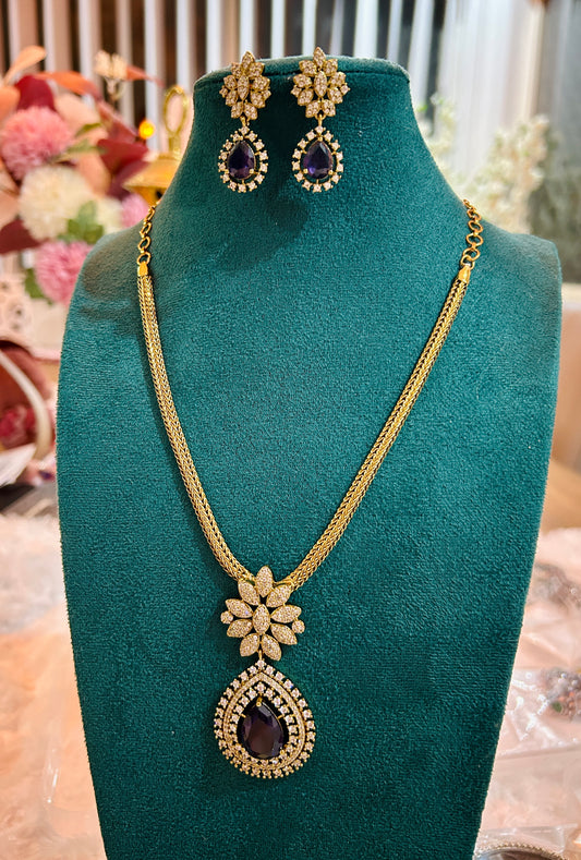 Gold Sapphire Drop Necklace Set with Earrings | Auxerra