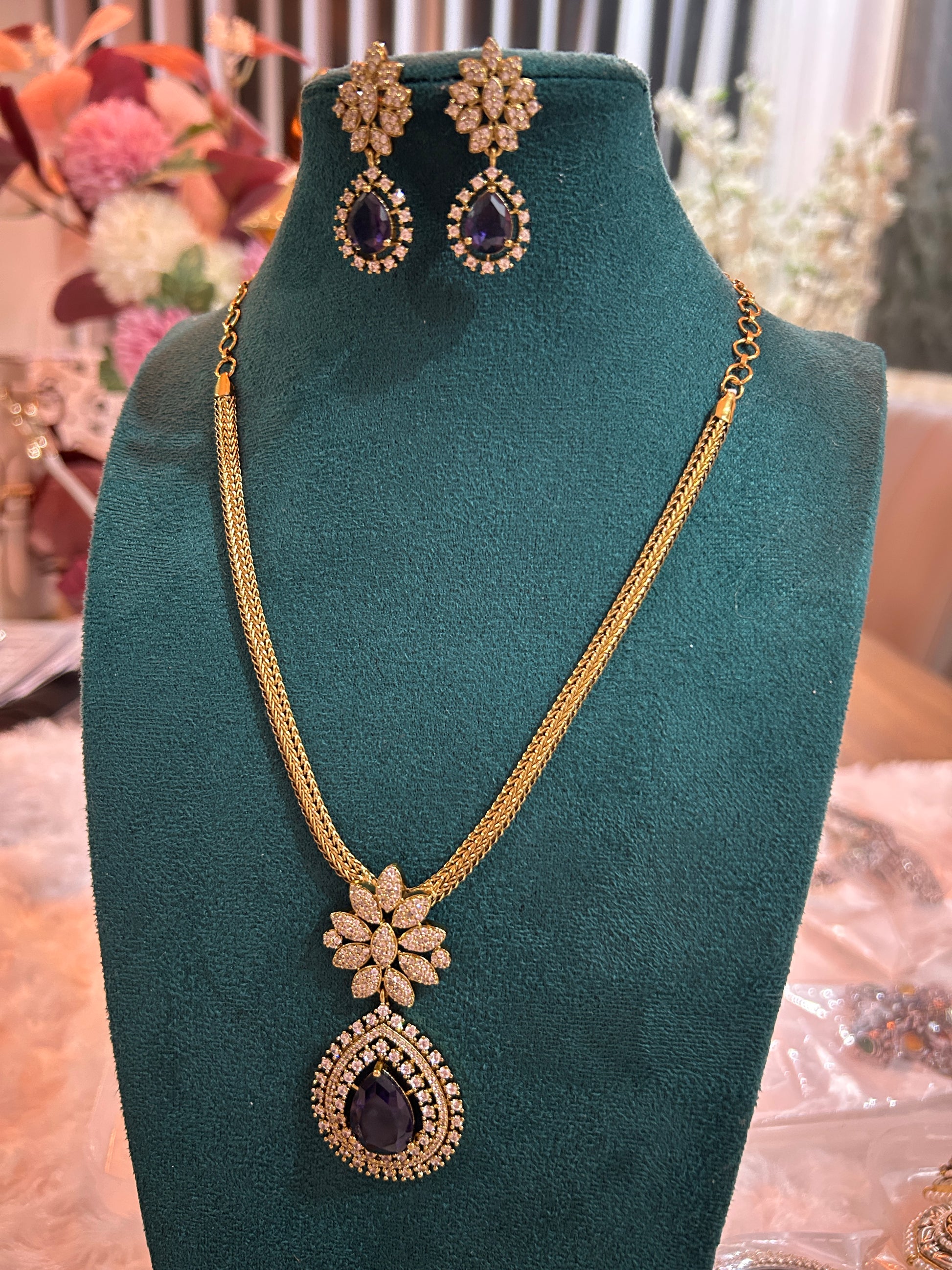 Gold Sapphire Drop Necklace Set with Earrings | Auxerra