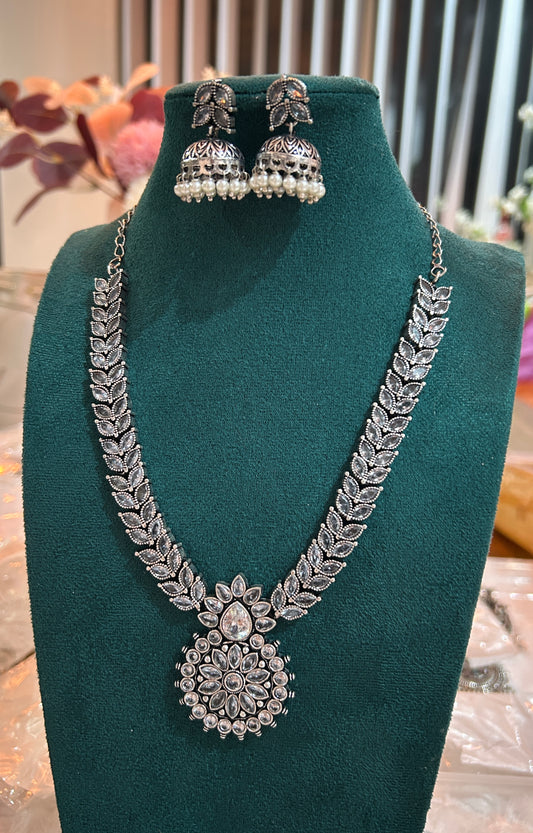 Silver Oxidized Necklace with Jhumka Earrings