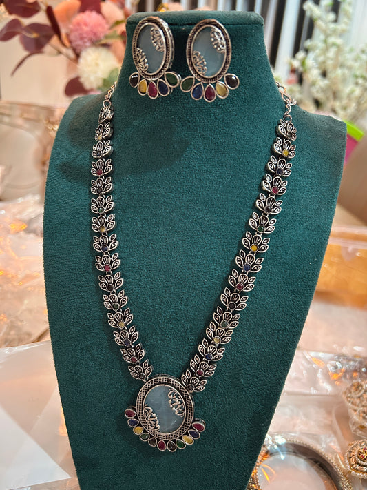 Oxidized Silver Multicolor Stone Necklace with Earrings